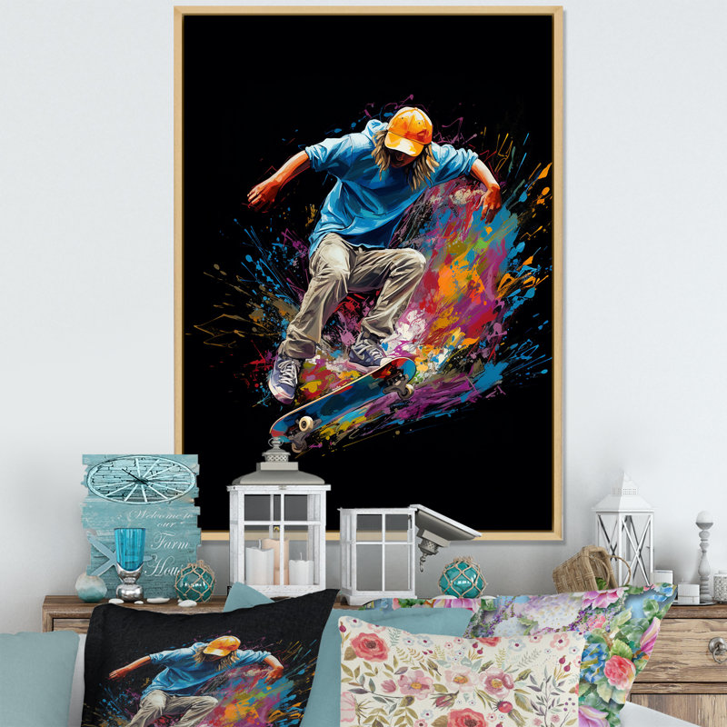 Skateboard Urban Flow II - Décoration murale sport, Cadre naturel flottant, H 32 po x l 16 po x P 1 po