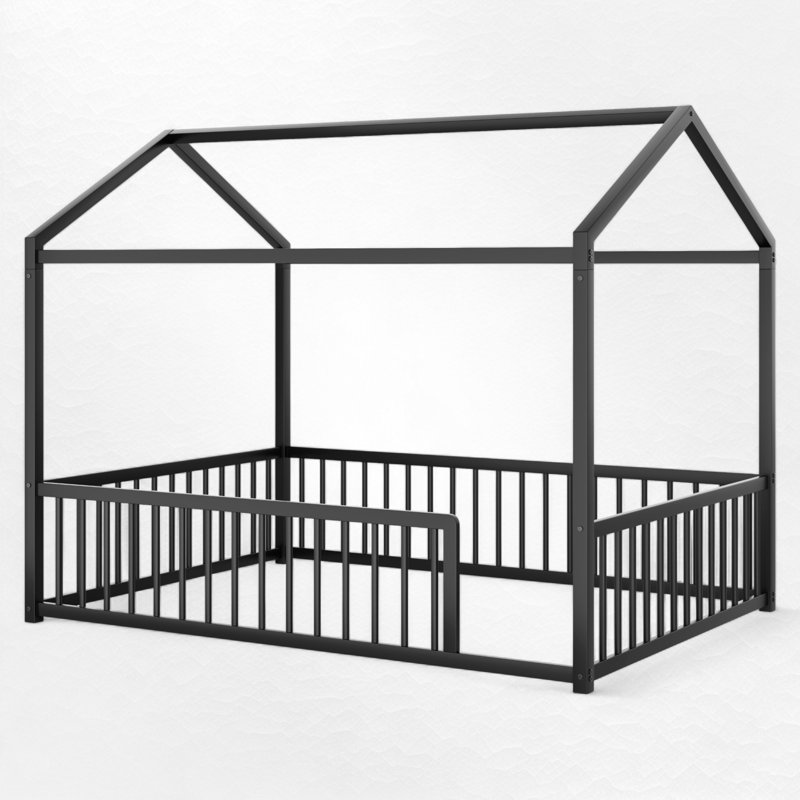 Metal Canopy Bed Floor House Bed With Fence, Full, Black