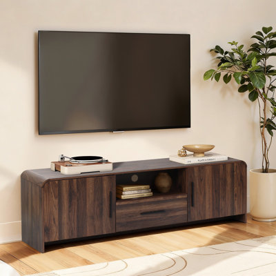 Walnut Finish Manufactured Wood 2-Door 1-Drawer TV Console with Rounded Corners