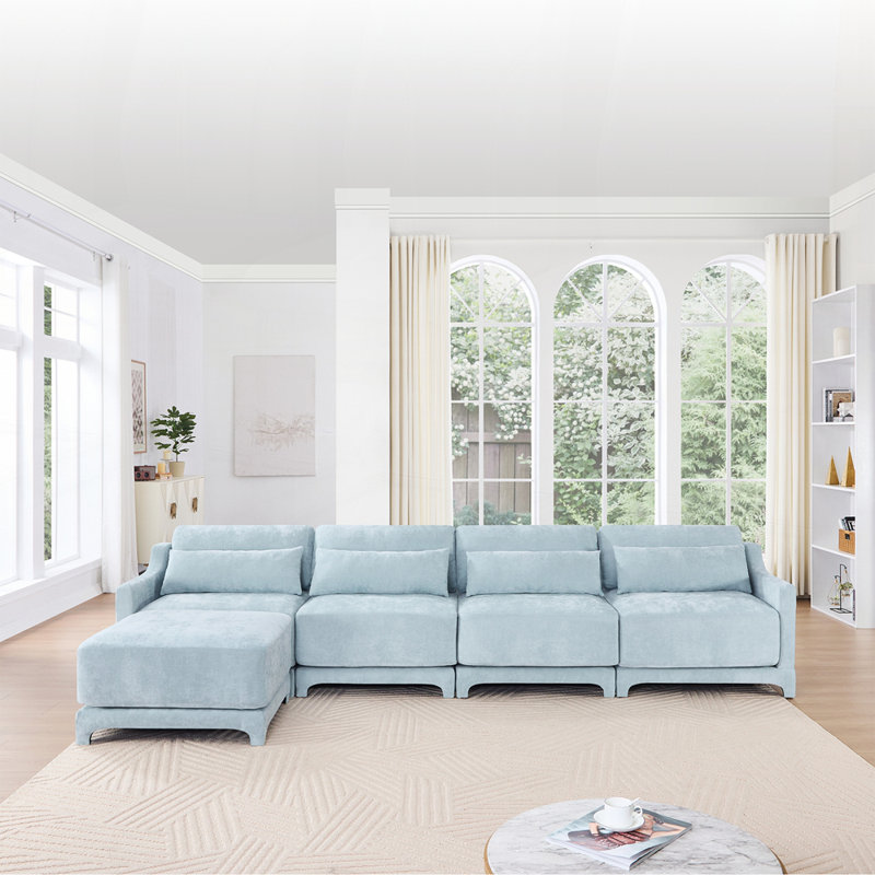 Elegant Chenille Upholstered Sofa with Modular Design and Matching Ottoman for Comfort, 32.6" H x 141.7" W x 61" D