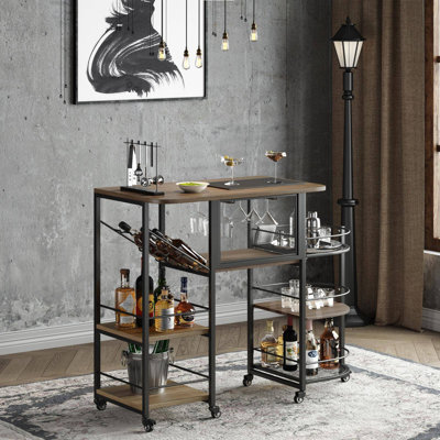 Table de bar 47,2 po avec support à vin, porte-verre et roulettes verrouillables