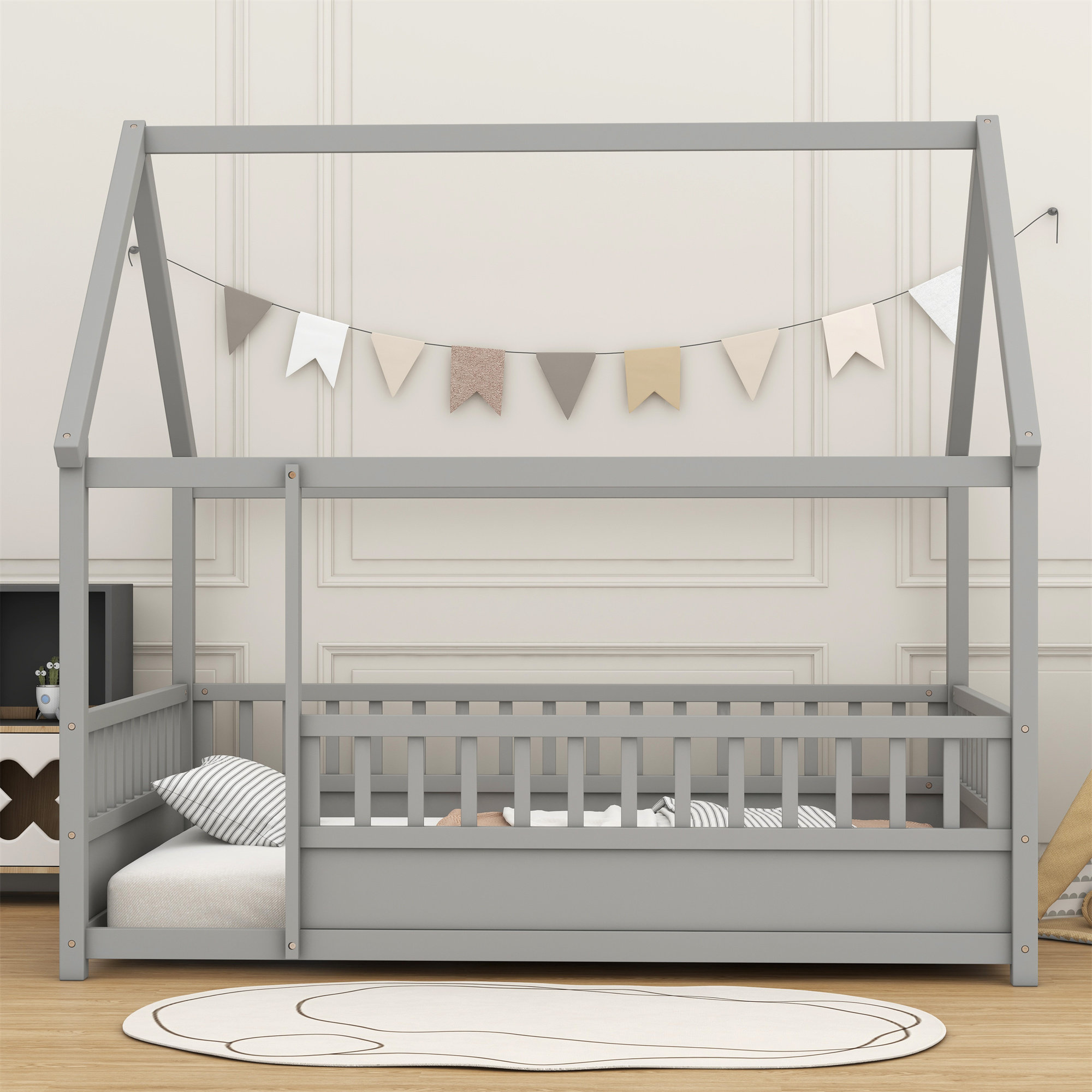 Harper Orchard Floor Wooden Bed With House Roof Frame,Fence Guardrails ...