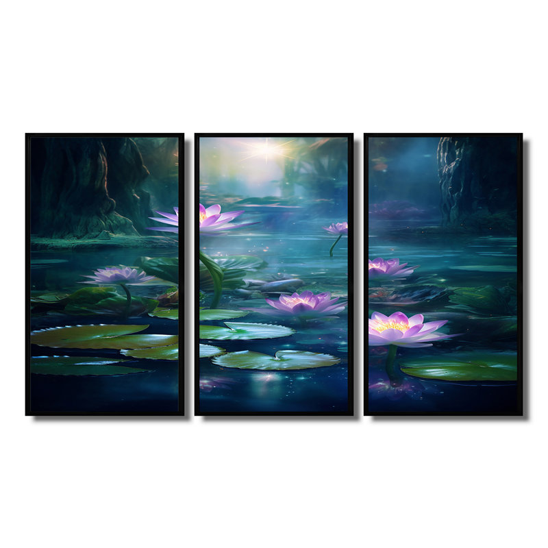 «Pink Lotus Flower Pond Misty Magic», ensemble d'art mural lac, Cadre flottant noir, H 32 po x l 48 po x P 1 po