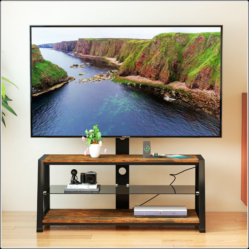 Meuble télé réglable en bois avec verre trempé noir et support pivotant universel, parfait pour les centres de divertissement modernes.