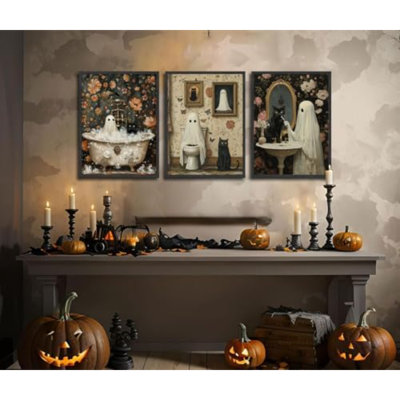 3Pcs Halloween Ghosts Posters Wall Art Horror Ghost And Black Cat In Bathroom Wall Decor Pictures Retro Horror Creepy Dark Academia Prints For Bathroom Gallery Home Decoration