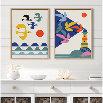 Lighthouse Birds and Flock of Birds by Rachel Lee 3 Birdies Studio Framed Canvas Wall Art Set