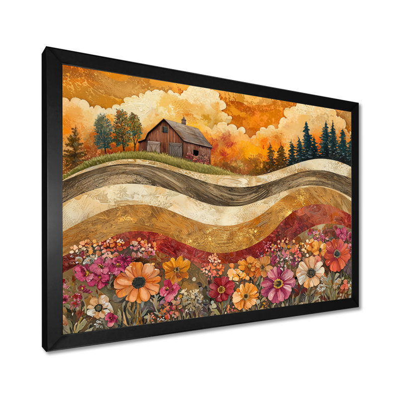 Assortiment de bouquets de fleurs, paysage de grange III - campagne, art mural, H 30 po x l 40 po, Cadre simple, Noir