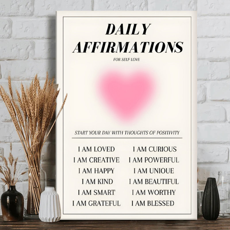 "Daily affirmations: Heart and positive citations", art numérique minimaliste. Peinture moderne, galerie profonde de 1 po, 24 po x 36 po