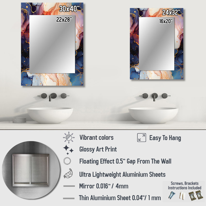 Red And Blue Celestial Radiance Marble Bliss - marble  Large Wall Mirror, Modern Decorative Mirror, Printed Metal Art
