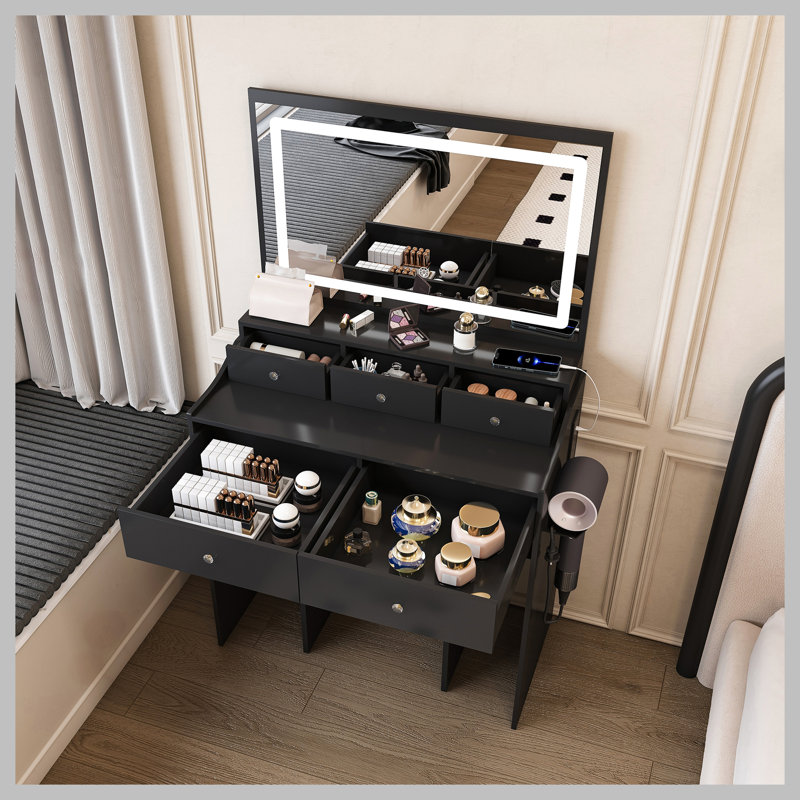 New Large Mirror Vanity Desk for Bed room , Modern Makeup Vanity Set with Power Outlet and Hair dryer holder, 5 Drawers , 3 Lighting Color Adjustable Dressing Table for Bedroom, Black Color