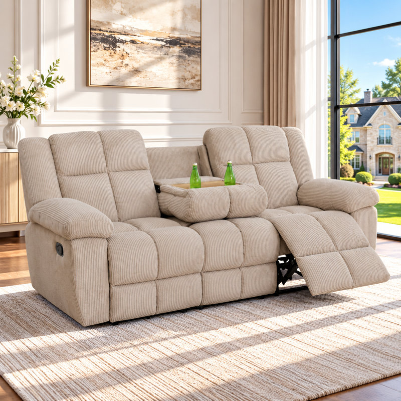 Canapé inclinable en tissu de qualité supérieure avec table rabattable et porte-gobelets, Beige
