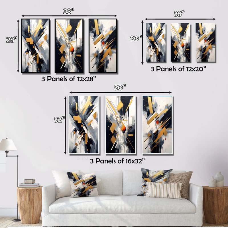 «Black And Gold Profondeur Corner», 3 pièces sur toile, Toile tendue, H 20 po x l 36 po