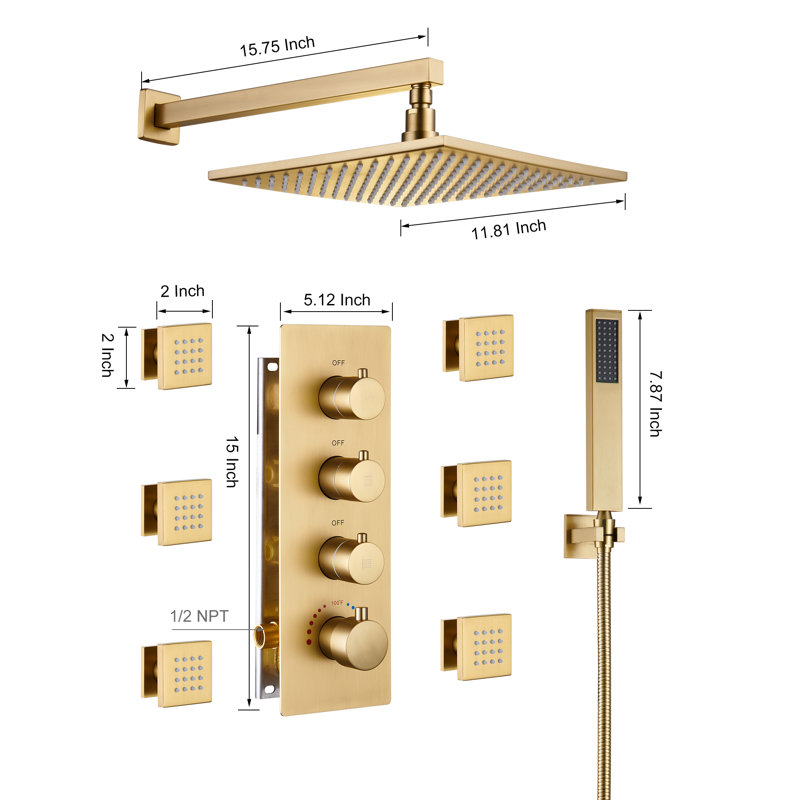 3-Function LED Light Thermostatic Rainfall Shower System with 6 Body Jets and Rough-in Valve, Brushed Gold