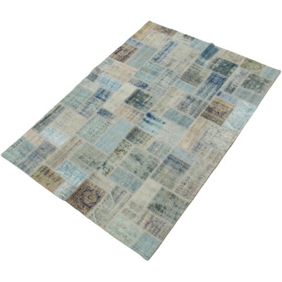 Tapis décoratif bleu clair/gris en laine noué à la main de conception unique 5 pi 6 po x 7 pi 8 po Bonnetta
