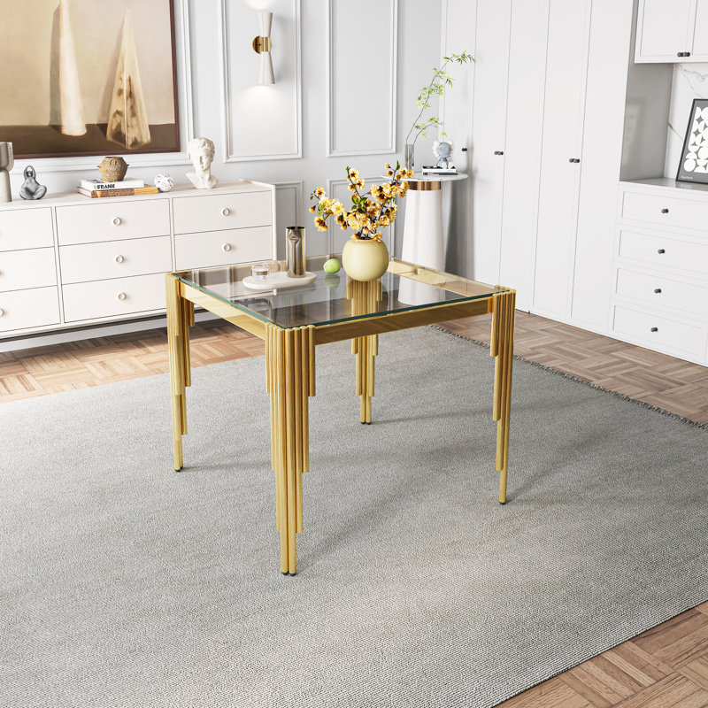 35.43" Contemporary Square Dining Table With Tempered Glass Top And Stainless steel Legs,kitchen table,dining table, Clear