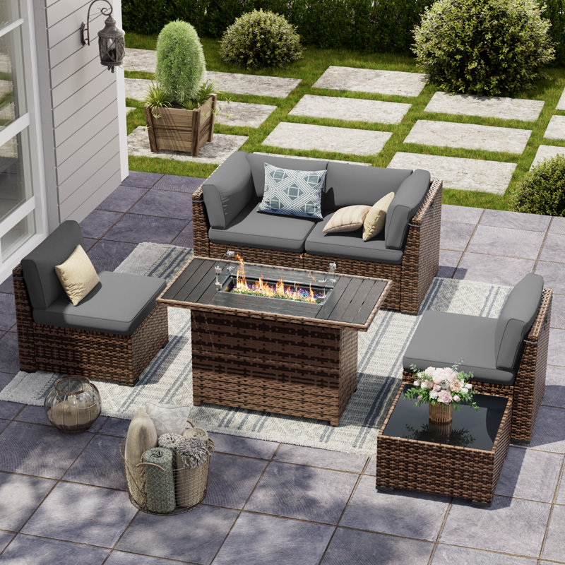 Bhairavi Wicker - Person Modular Patio Conversation Set with Cushions, Gray, 4