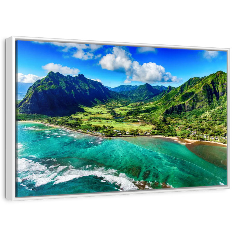 Paysage côtier de Kualoa, Cadre flottant blanc, 37 po x 25 po