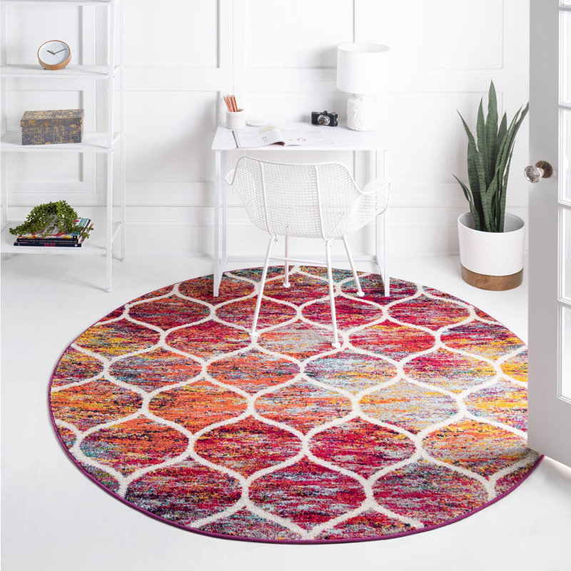 Llanet Geometric Area Rug, Round 3'1", Multi Red