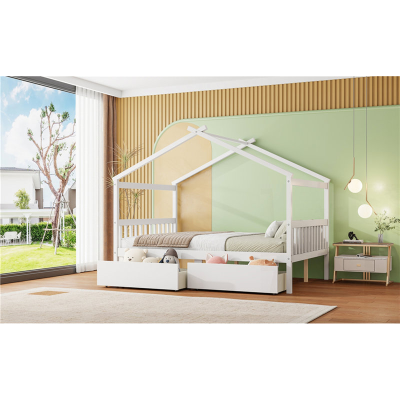 Lit en bois avec tiroirs, Blanc, Double