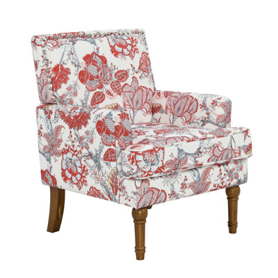Red White Floral Nailhead Trim Accent Chair, 9 Inch Solid Wood Leg Upholstered Slipper Chair