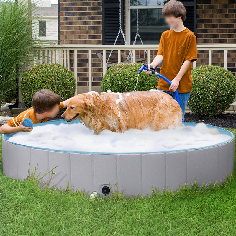 Size Foldable Pet Pool with Repair Patches, Grey, 30cm H x 160cm W x 160cm D