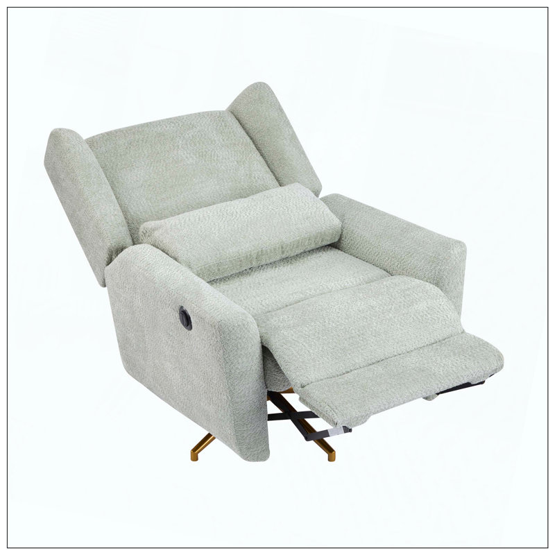 Power Recliner Chair Swivel Boucle Upholstered 360° Swivel Recliner With Gold 5 Star Base, Light Green
