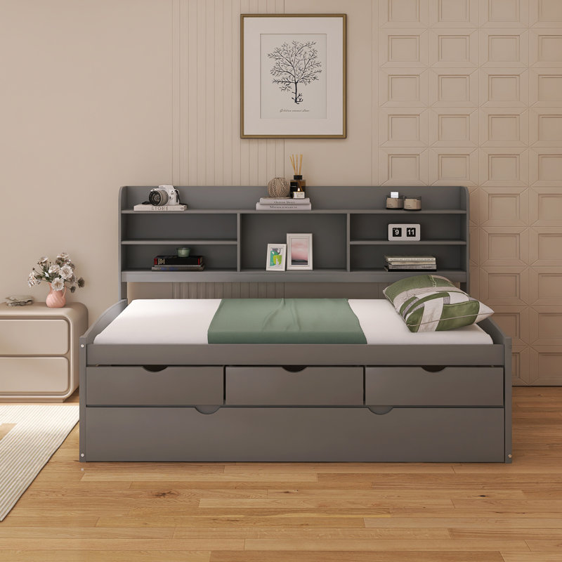 Lit capitaine simple en bois avec bibliothèque intégrée et trois tiroirs de rangement gris, Gris