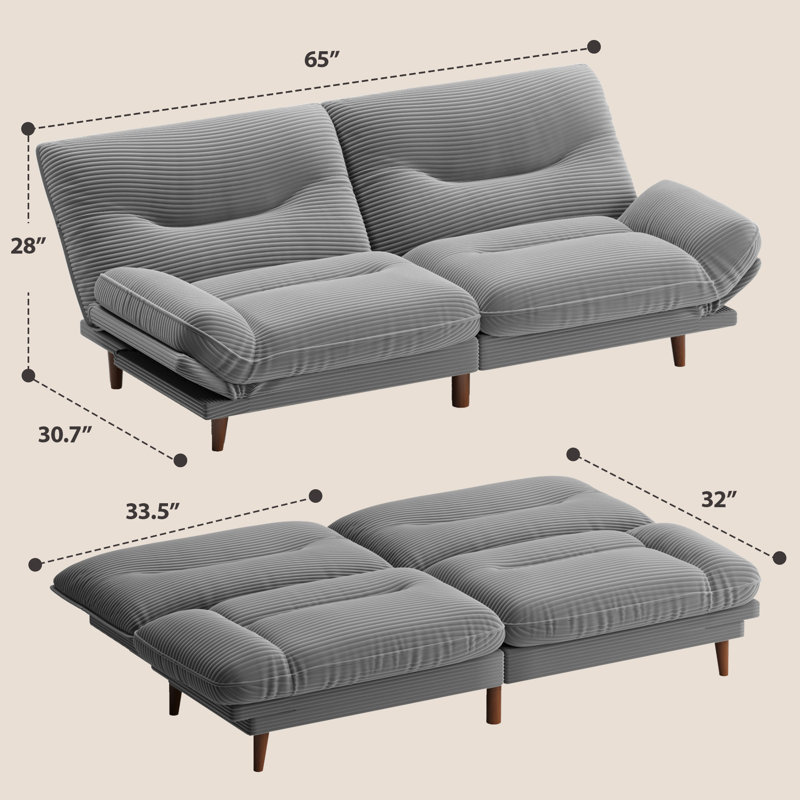 65" FUTON And FUTON Bed, Gray Corduroy