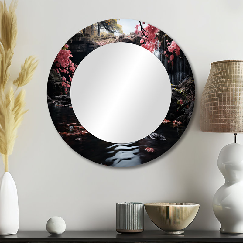 Peach Tree Waterfall Natures Elegance II - miroir en cascade, miroir mural rond rose, impression sur métal, 23 po x 23 po