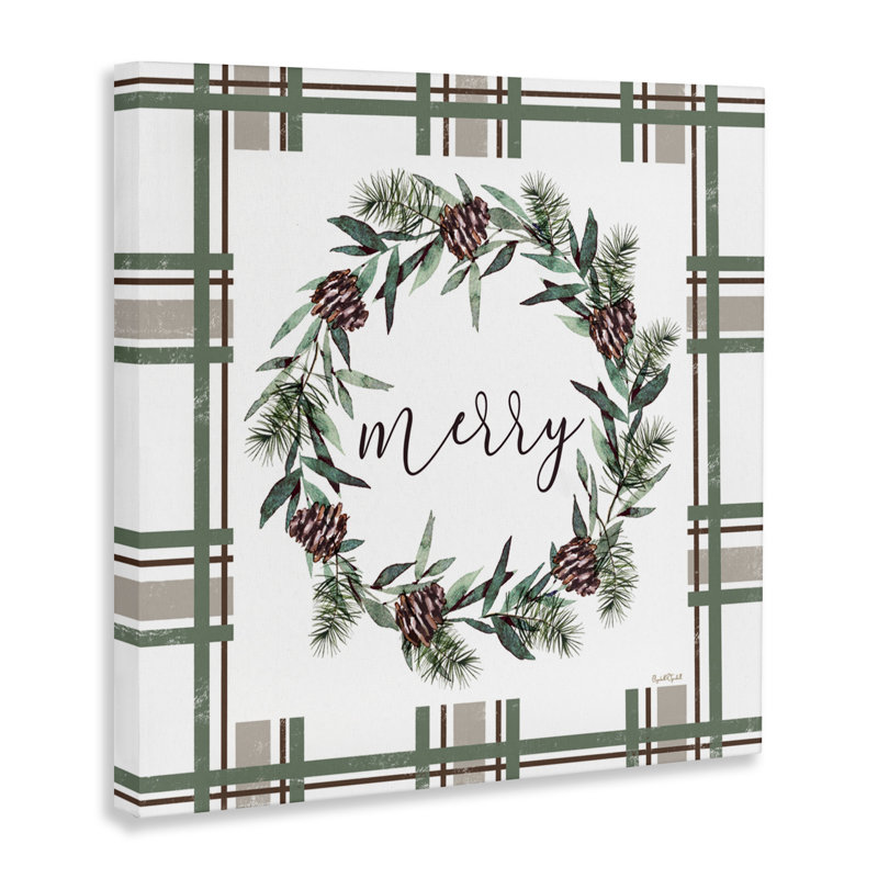 Merry Wreath sur toile écossaise verte, design par Elizabeth Tyndall, H 17 po x l 17 po