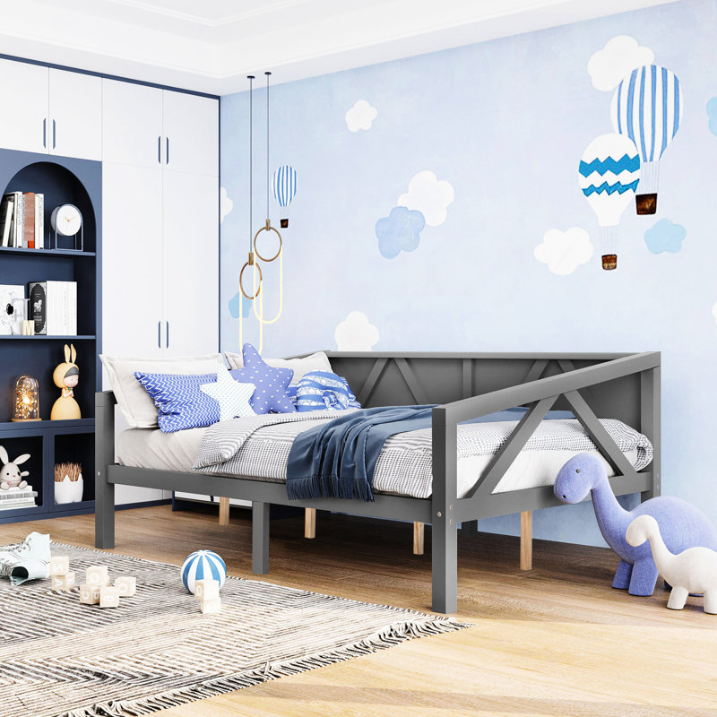 Lit de jour pleine grandeur gris au design intemporel, pouvant servir de lit ou de siège dans divers espaces, cadre et rangement sous un usage multifonctionnel, pieds, lattes pour lit de soutien