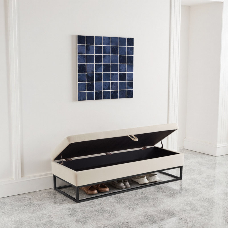 Banc de rangement en velours beige avec base en métal, repose-pieds multifonctionnel de 58,6 pouces, Beige