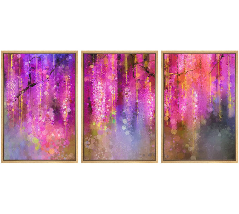 «Mauve et doré, aquarelle et paillettes», 3 pièces sur toile, Cadre naturel flottant, H 36 po x l 72 po