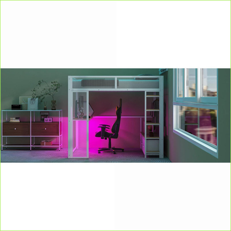 Lit mezzanine en métal pleine grandeur avec DEL, bureau, tiroirs de rangement et amp; Garde-robe - blanc, aucun sommier nécessaire