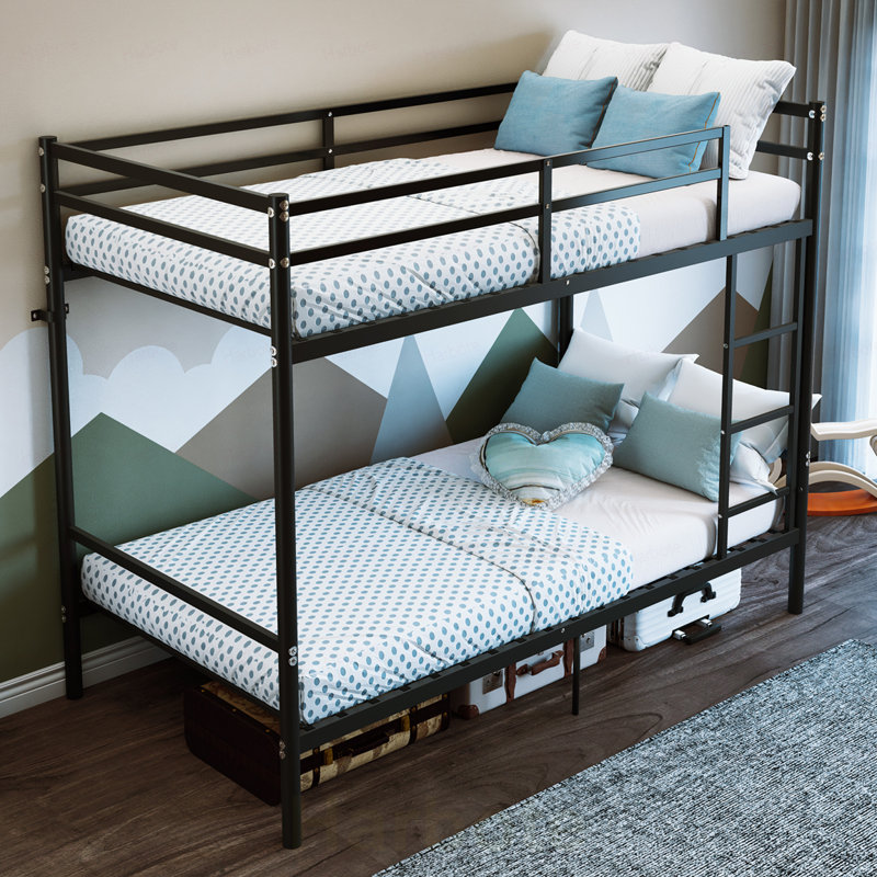 Lit superposé simple au-dessus de simple en métal robuste - charge maximale de 485 lb, structure en acier renforcé avec garde-corps de 14 po de hauteur, structure de lit robuste et peu encombrante pour enfants, adolescents, adultes, sans sommier tapissier