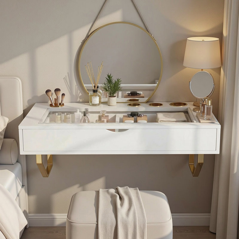 Table de maquillage flottante pour coiffeuse, bureau mural de 31 pouces pour le vestiaire de la chambre à coucher, blanc