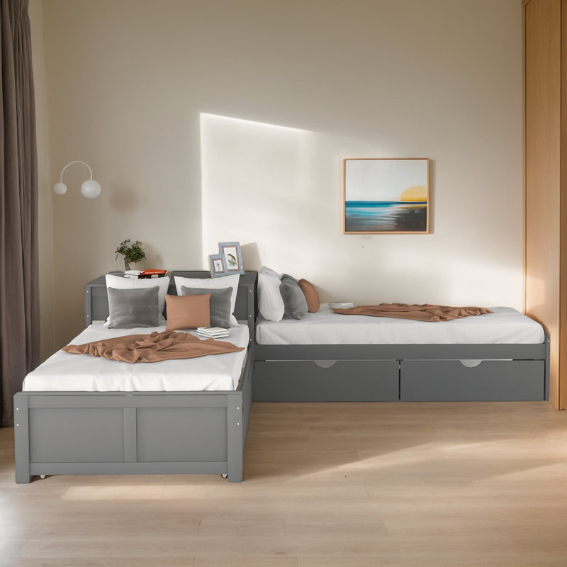 116.3"W L-Shaped Platform Bed With Trundle And Drawers Linked With Built-In Desk, Twin, Espresso, Grey