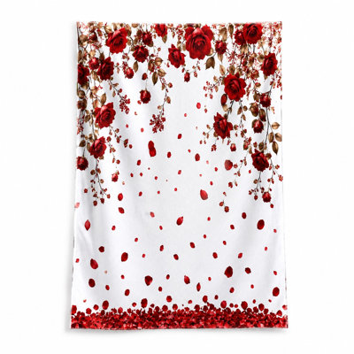 1Pcs Romantic Rose Beach Towel, featuring elegant cascading dark red roses and scattered petals on a white background, vintage floral pattern. Large microfiber, perfect for trips, travel, camping, unisex.