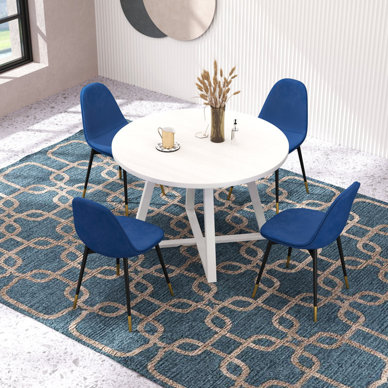 Ensemble de salle à manger 5 pièces, table ronde à tréteaux et 4 chaises élégantes, Bleu