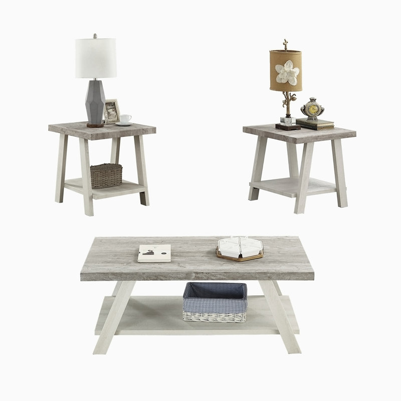 Tevis 3-Piece Wood Coffee Table with Shelf, White, Light Gray