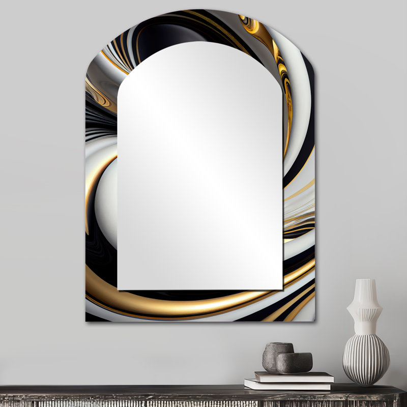 Vitrail doré noir et blanc I - grand miroir asymétrique spirales abstraites, décor de miroir mural unique arche moderne, impression d'art en métal