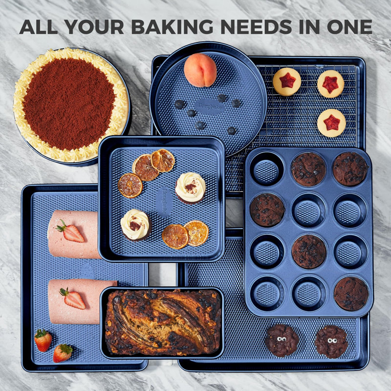 Ensemble de 9 plats de cuisson antiadhésifs 9 pièces, plaques de cuisson empilables à texture de diamant non toxique, comprend une plaque à biscuits avec support, un moule à gâteau, un plat à rôtir et un moule à muffins