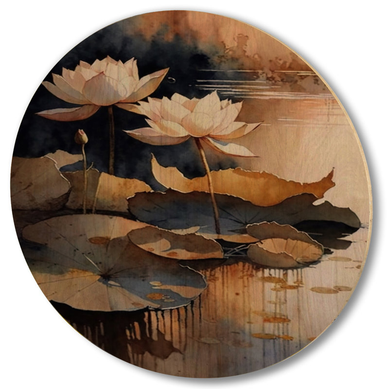 Floraison de lotus rétro dans l'étang IV - Art mural floral en bois de lotus - Bois de pin naturel