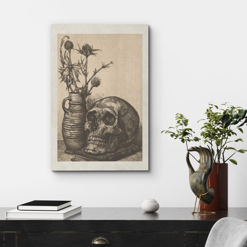 Crâne rétro et chardon plante Moody foncé, œuvres d'art moderne, décor, Toile tendue, H 18 po x l 12 po