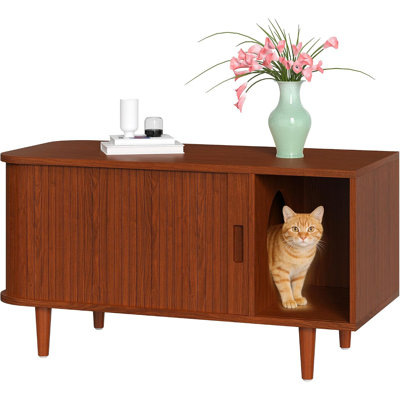Mid-Century Modern Cat Litter Box Enclosure, Hidden Cat Washroom Furniture with Half-Round Curved Design, Wooden Cat House Side Table, Privacy Cat Litter Cabinet for Indoor Cats