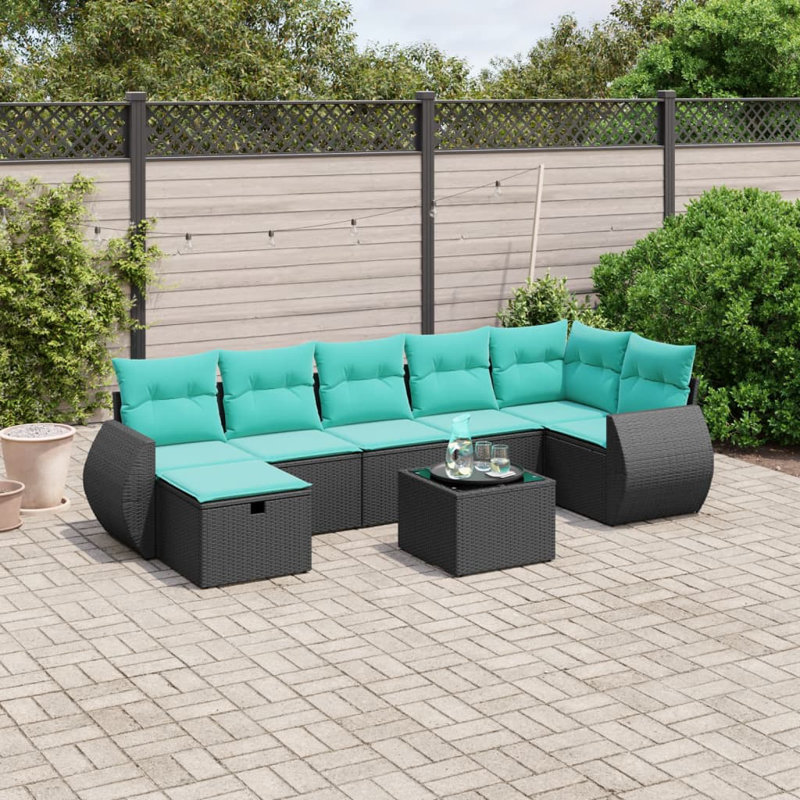 Ensemble de canapé de patio 8 pièces avec coussins en rotin de polyester, Bleu clair, Noir