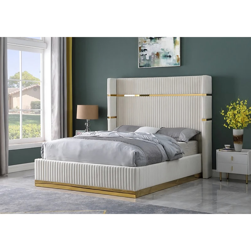 Gray Velvet Upholstered Queen Bed with Tufted Headboard
