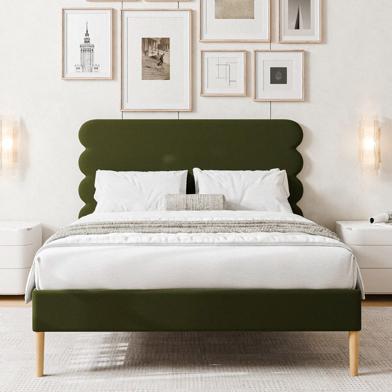 Velvet Henley Upholstered Scalloped Bed, Queen Size Bed Frame with Headboard, White, Queen