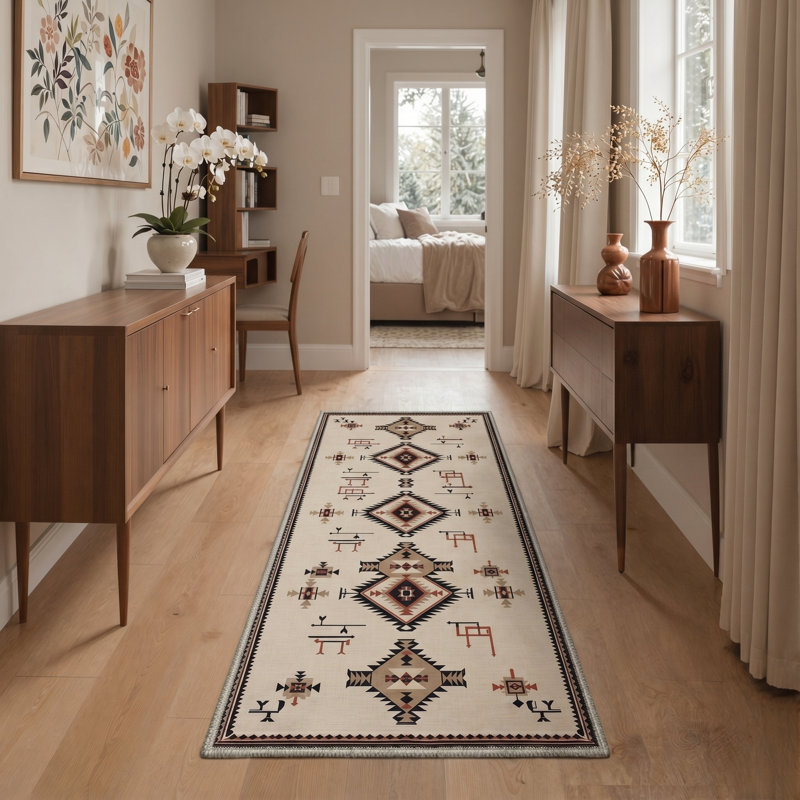 Abrahamson Mirage Geometric Machine Washable Beige / Brown Indoor Area Rug with Non-Slip Backing, Runner 2' x 7'
