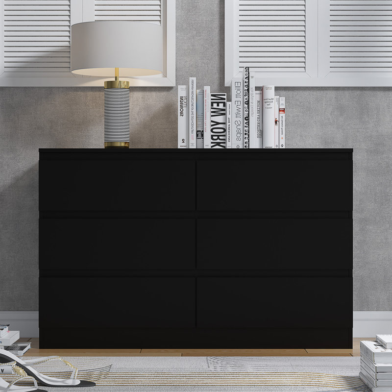 FWStyle Stipes 6 Drawer Wide 3+3 Chest Of Drawers - Matt Black, Black